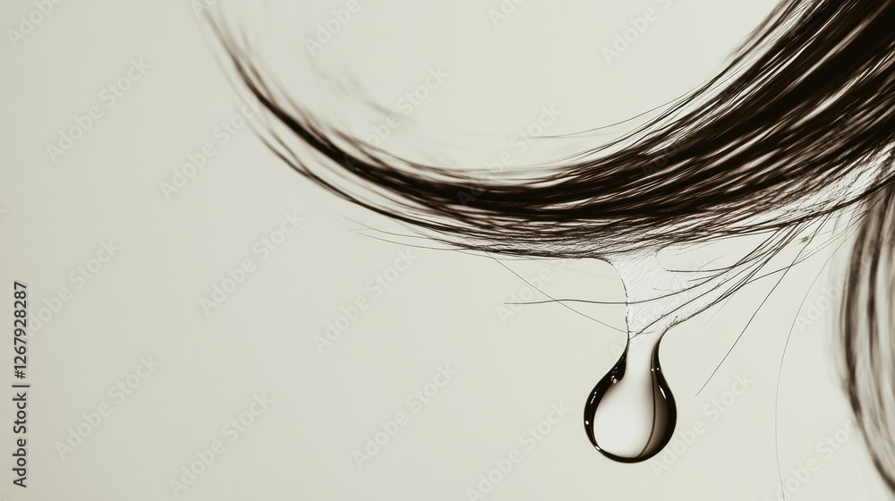 Poster drop of liquid damaging a strand of hair under close up observation in a light setting. generative a