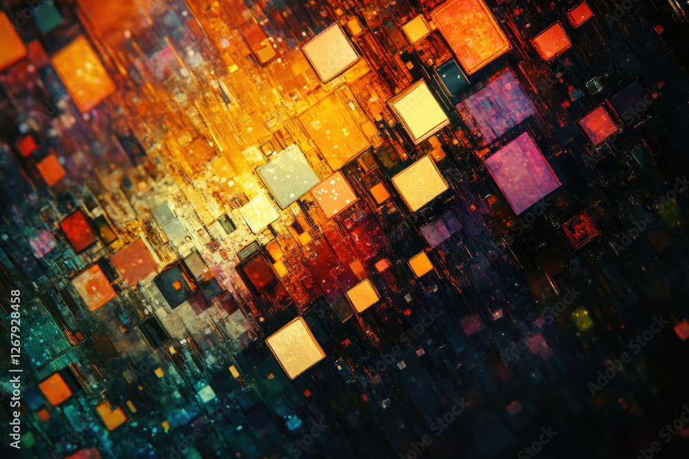 Poster Abstract digital art showcasing a vibrant array of colorful squares, resembling a complex circuit board or futuristic cityscape.