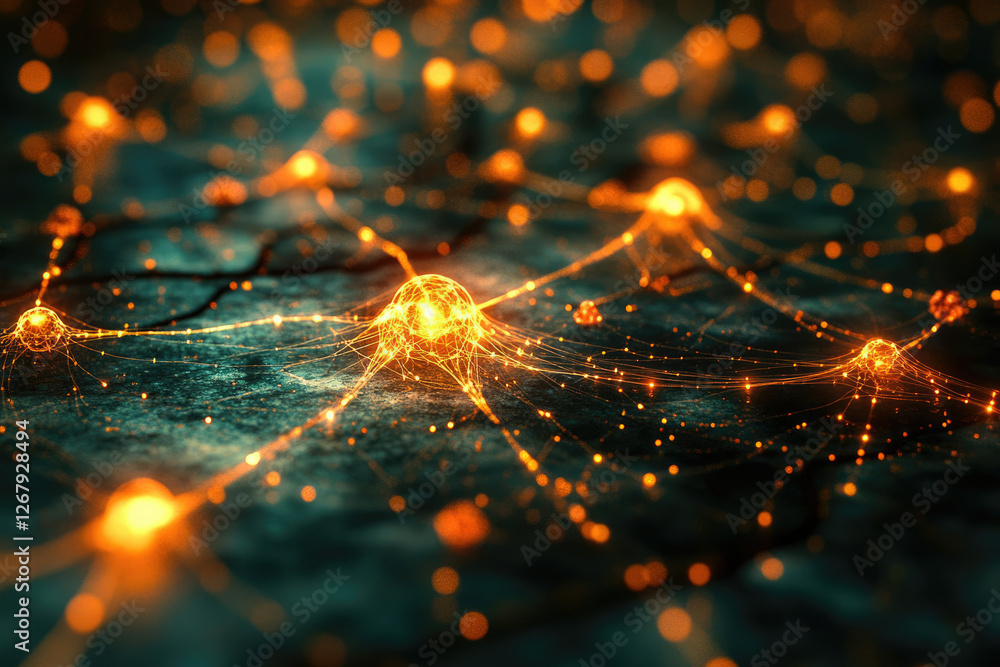 Aufkleber Glowing neural network interconnected nodes, abstract representation of brain synapses and neuron connections.