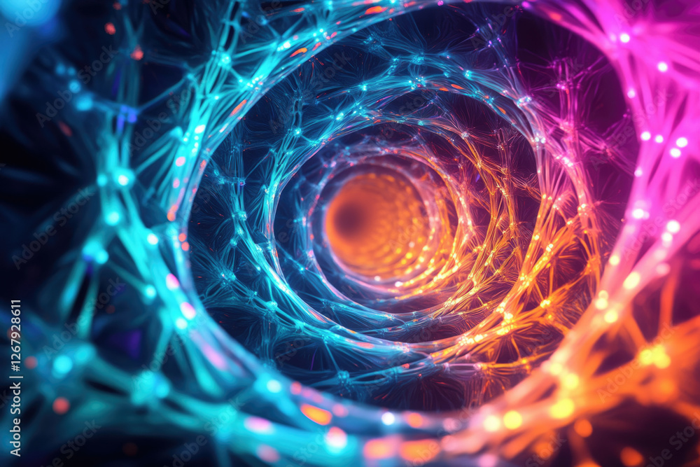 Poster abstract swirling tunnel of vibrant neon light, creating a mesmerizing and futuristic visual.