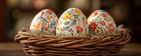 A basket holds three beautifully decorated eggs adorned with colorful floral patterns, evoking a festive springtime feel.