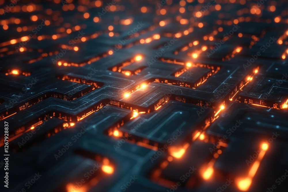 Aufkleber Abstract digital circuit board with glowing orange nodes, representing data flow and complex technology.