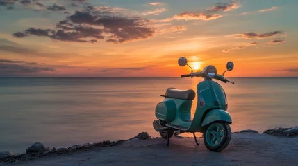 Fototapete Rund Vintage scooter against scenic sunset over calm ocean horizon © AlfaSmart