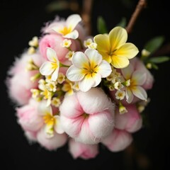 Obraz premium Delicate white and yellow flowers intertwined with soft pink cotton, floral arrangement, white, cotton