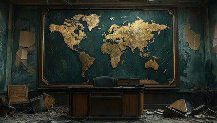 View of the destroyed world government summit hall, its architecture now reduced to ashes and a World map background wallpaper