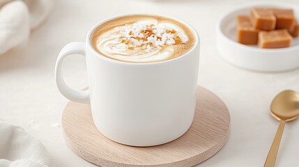 Salted caramel latte in white mug on wooden coaster with caramel bites and gold spoon