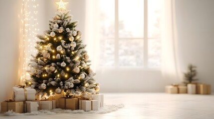 Cozy Minimalist Christmas Tree with Twinkling Lights and Festive Ornaments in Soft, Dreamlike Holiday Scene