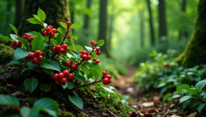 Naklejka premium Dense thorny shrub with red berries and green leaves, forest floor, woodland, thorny shrub