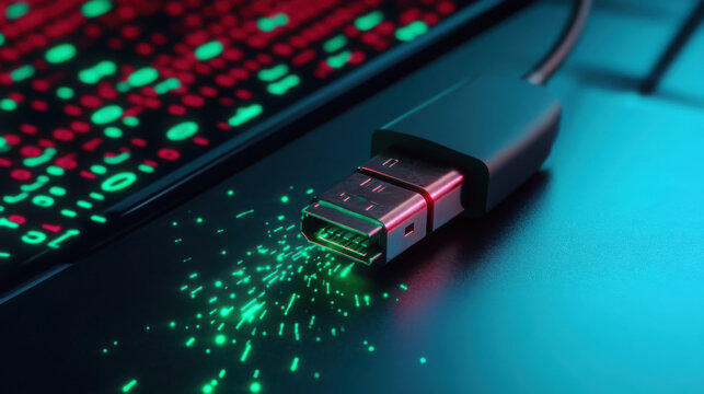 Cybersecurity threat concept with usb boot viruses in digital attack visualization