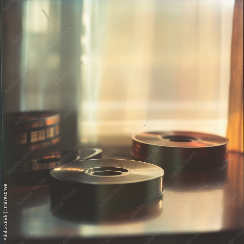 Poster close up view of vintage film reels and tape with soft lighting providing space for additional text 