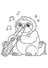 Coloring book cute sloth playing the flute. Perfect for kids