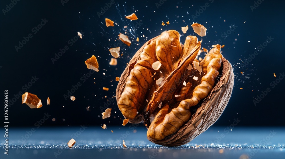 Poster a walnut shattering into pieces against a dark background. the shell and the inner nut are visible. 