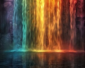 Vibrant rainbow waterfall cascading in mystical setting