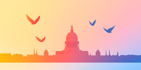City skyline silhouette against a pastel sunset. Birds flying above iconic architecture. A serene and colorful urban landscape, symbol of freedom and peace.