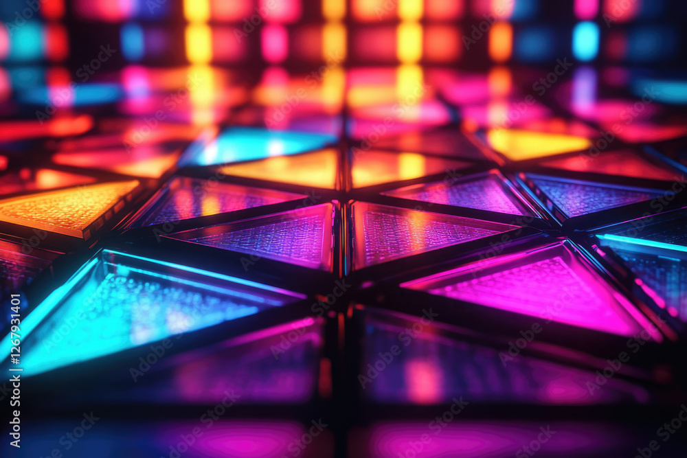 Poster Vibrant neon lights illuminate a geometric triangular pattern, creating a dazzling, futuristic display.