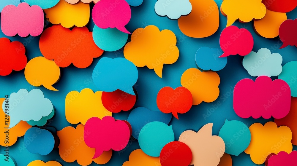 Poster this visual features various colorful speech bubbles over a deep blue background, representing dialo