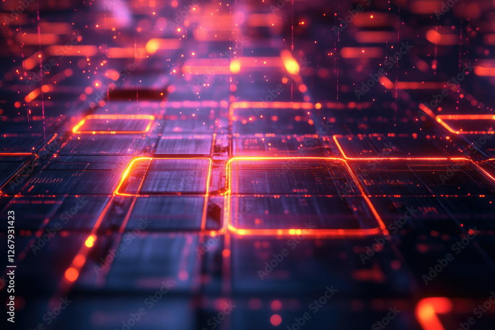 Aufkleber Abstract digital grid with glowing orange lines and particles, representing futuristic technology or data flow.