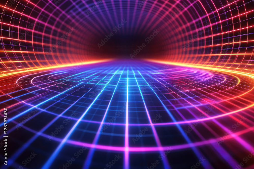 Leinwandbilder abstract digital tunnel with vibrant neon grid lines, creating a futuristic and energetic visual.