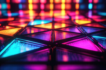 Vibrant neon lights illuminate a geometric triangular pattern, creating a dazzling, futuristic display.