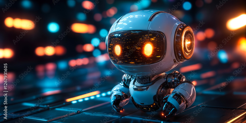 Poster futuristic ai robot with glowing eyes on digital surface in neon lit environment symbolizing advance