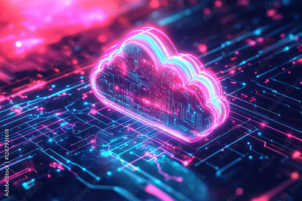 Poster futuristic cloud storage concept with neon lights and circuit patterns in digital space