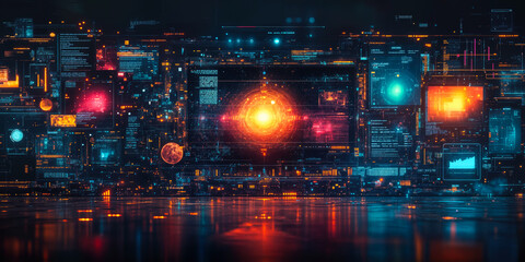 Obraz premium Futuristic Digital Interface with Data Visualizations and Glowing Central Element in High-Tech Sci-Fi Environment