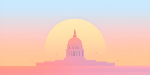 Obraz premium Capital Building Silhouette at Sunrise: Geometric architecture set against soft pastel gradients with birds in flight, evoking peaceful patriotism.