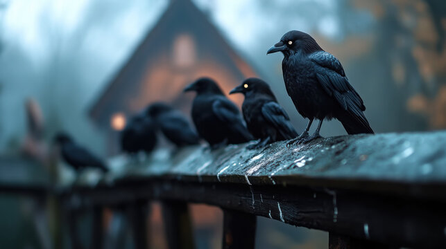 Mysterious baba yaga and ravens before enchanted forest house at dusk