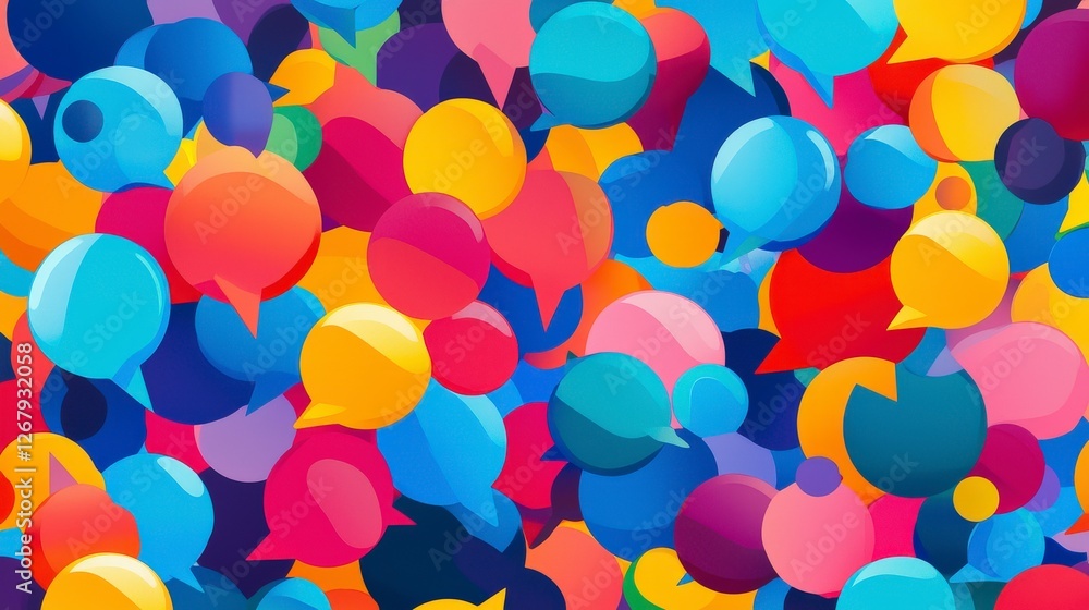 Poster an abstract composition showcasing various colorful speech bubbles overlapping each other, creating 