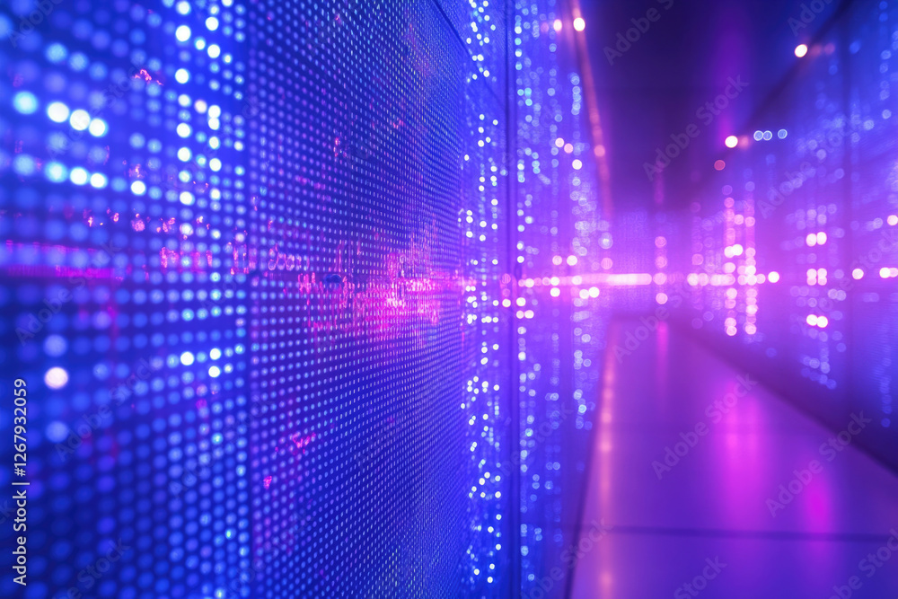 Poster abstract image of a purple and blue led light wall, creating a futuristic and technological feel.