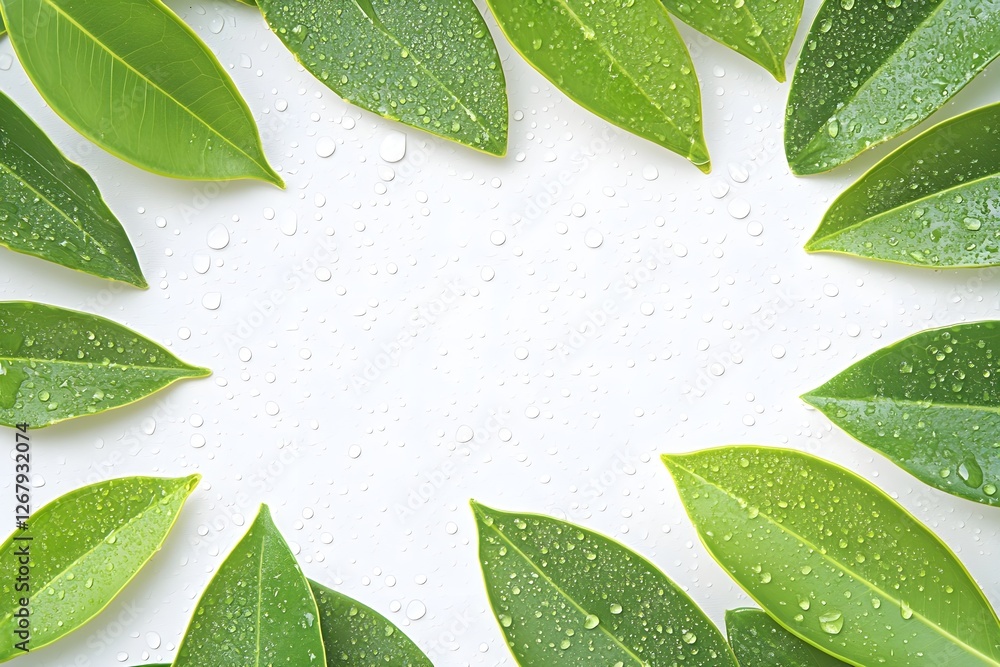 Poster fresh green leaves with droplets arranged in a circular pattern on a light background, creating a na