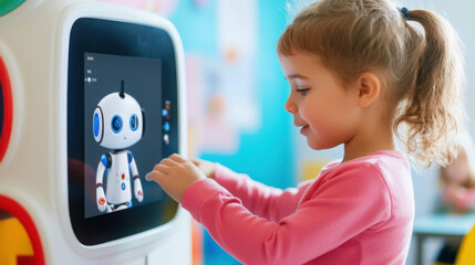 Child engaged with educational technology learning robot interface in classroom setting