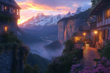Enchanted Sunset Village in the Swiss Alps