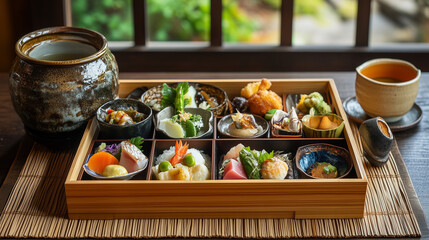 A beautifully arranged traditional Japanese kaiseki meal served in elegant wooden bento boxes, featuring a variety of small dishes with fresh sashimi, tempura, simmered vegetables, and pickles