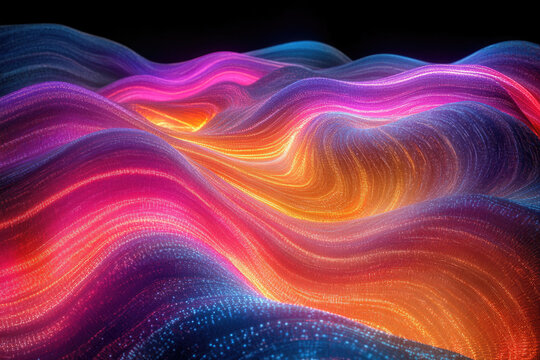 Abstract vibrant wavy landscape of glowing particles, dynamic and colorful.