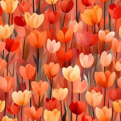 Seamless Pattern - Vibrant field of orange and peach tulips.