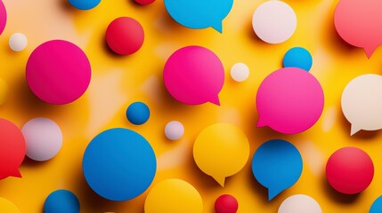 This cheerful image showcases colorful speech bubbles against a playful yellow background, symbolizing communication, connection, and vibrant energy in a fun, engaging manner.