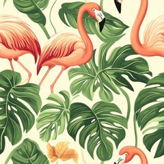 Seamless Pattern - Pink flamingos amidst lush tropical leaves.