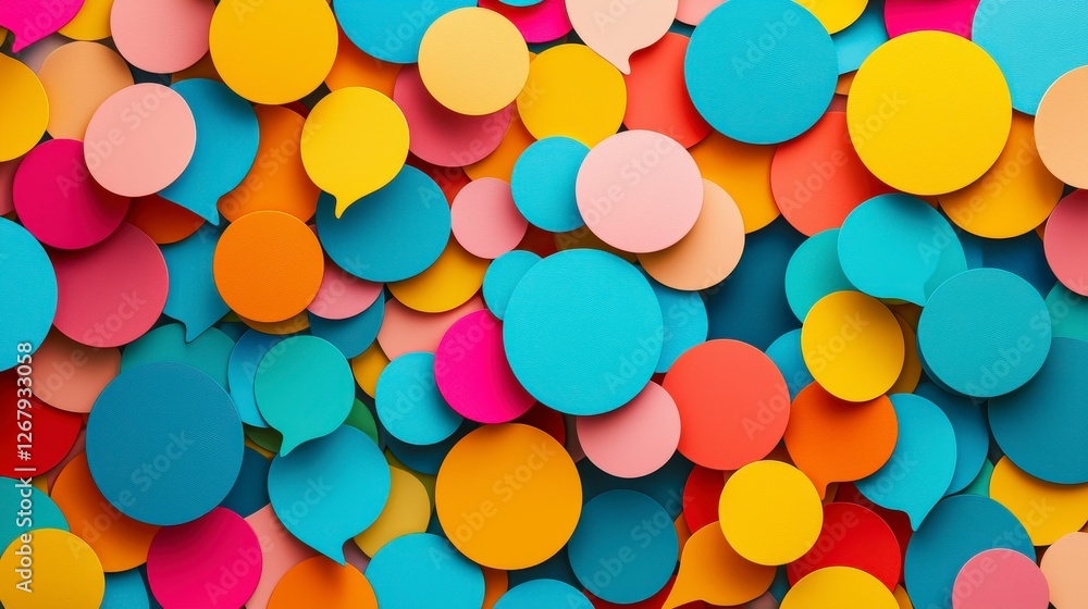 Poster this image features an array of colorful circles and speech bubbles, creating a lively composition t