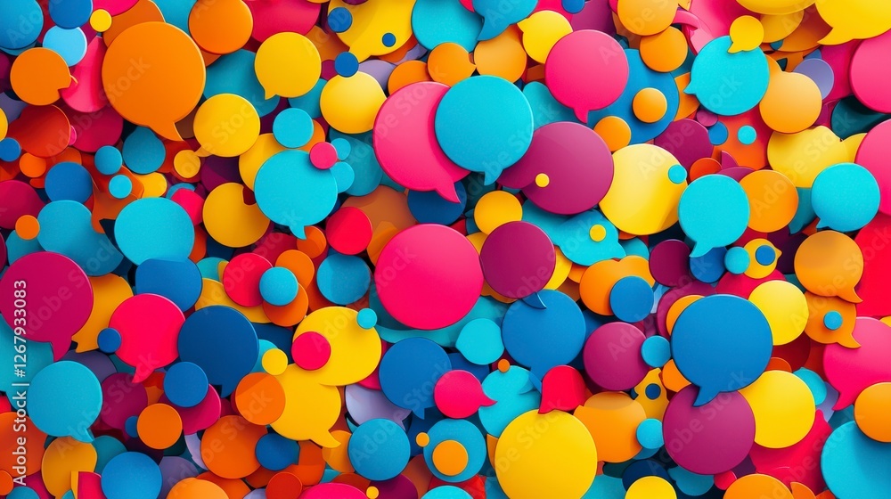 Poster a dynamic arrangement of colorful speech bubbles and circular shapes showcases a mixture of hues, re