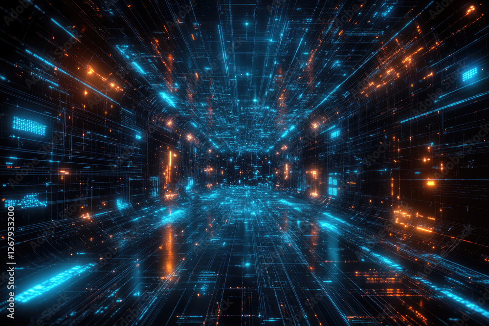 Poster A futuristic digital tunnel with glowing blue and orange lines representing data streams and networks.