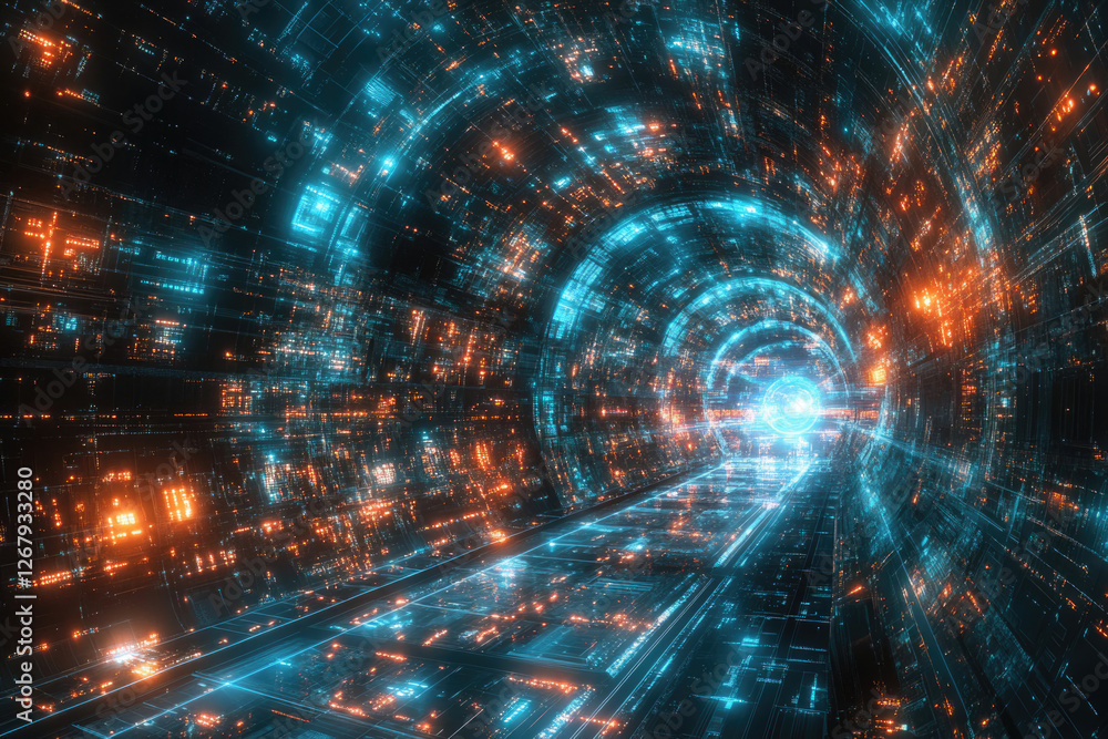Poster a futuristic digital tunnel, glowing with vibrant teal and orange light, representing the flow of da
