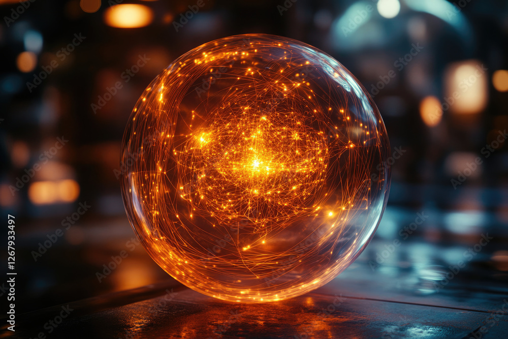 Poster A glowing sphere encapsulates intricate, interconnected lines of light, creating a mesmerizing visual of energy and connection.
