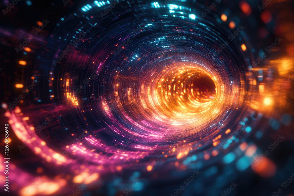 Poster abstract swirling tunnel of vibrant neon lights, creating a mesmerizing and futuristic digital art p