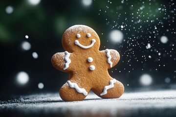festive gingerbread man with a snowy background