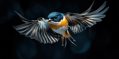 Obraz premium A stunning fairy bird glides gracefully in the blue sky, its colorful feathers shimmering in the sunlight. It embodies the spirit of spring and freedom