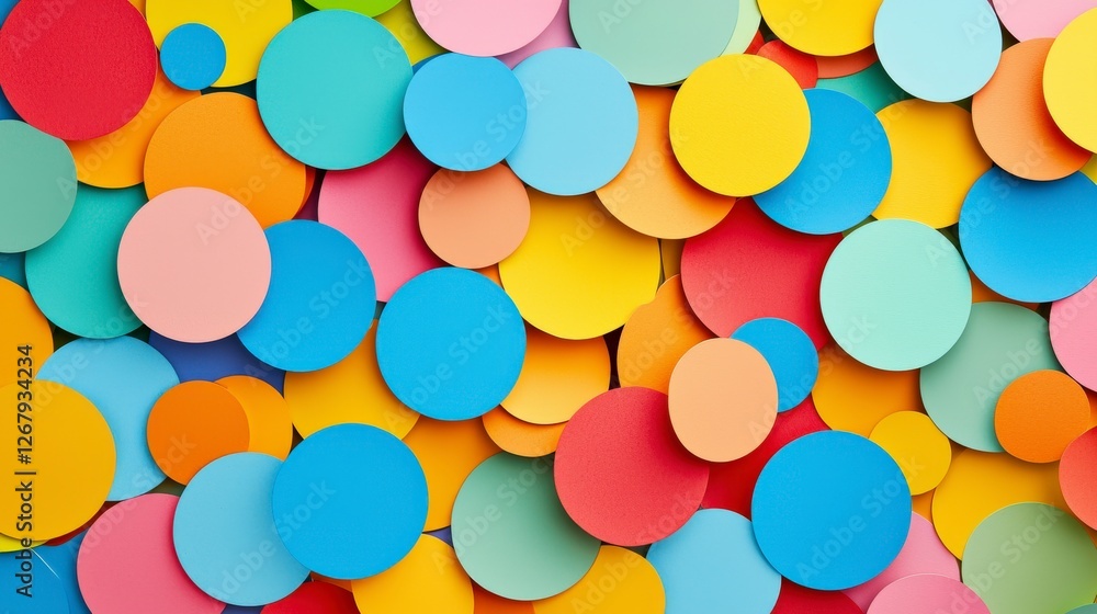 Poster this image displays a multitude of colorful circles arranged dynamically over a vibrant background, 