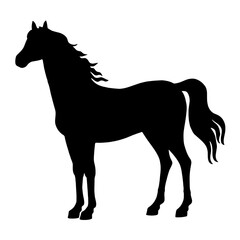 kelpie. Silhouette of a horse in profile, standing on four legs with a long mane and tail, laminar, mythical creature, strength, elegance, and symbolism of freedom, power, and grace in nature.