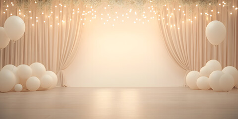 Elegant Event Setup: Soft lighting and pastel decorations create a sophisticated and celebratory ambiance. A dreamy setting for memorable moments.