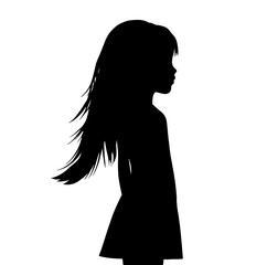  Silhouette of a girl with long hair blowing back, concept of femininity, beauty, grace, and freedom, symbolizing elegance, movement, and natural beauty.